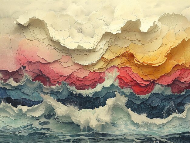 a painting of a wave that has the colors orange yellow and pink