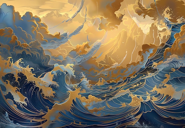 a painting of a wave that has the ocean in it