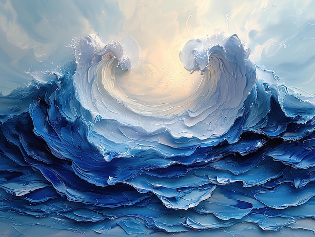 a painting of a wave that has the sun setting behind it