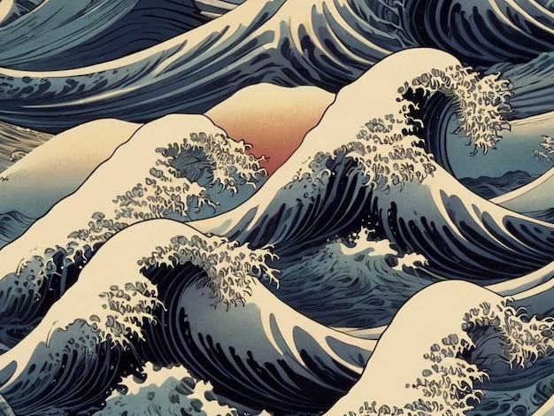 Photo a painting of a wave that has the sun setting behind it