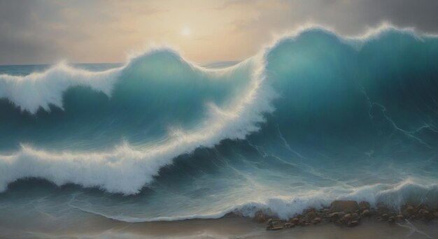 a painting of a wave that has the sun shining on it