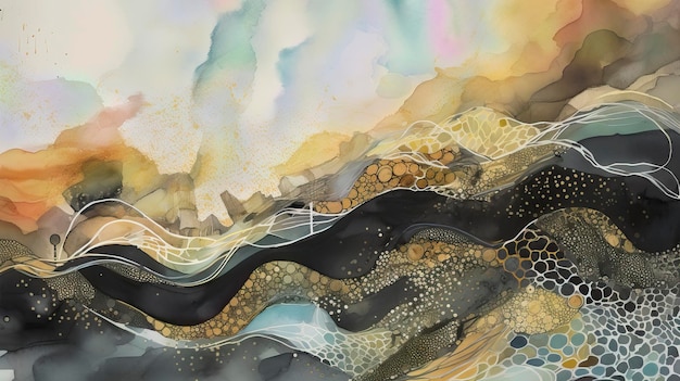 A painting of a wave with gold, black, and white swirls.