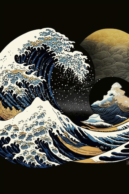 A painting of a wave with the moon in the background