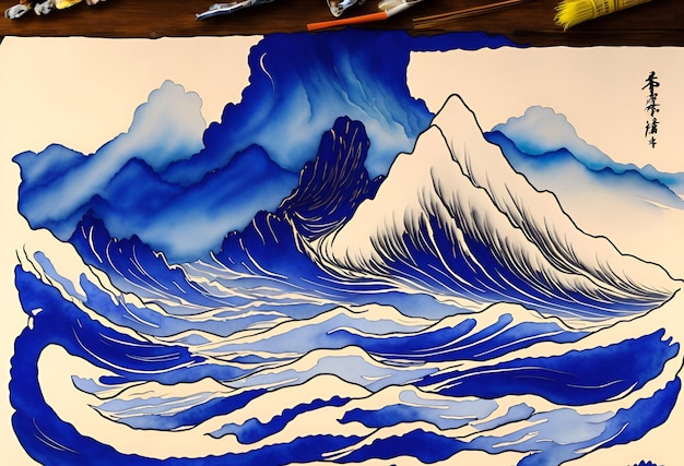 Photo a painting of a wave with mountains on it