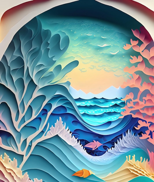 A painting of a wave with the ocean in the background