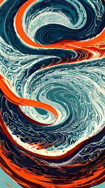 a painting of a wave with orange and red colors.