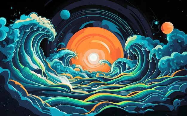 a painting of a wave with orange and yellow colors