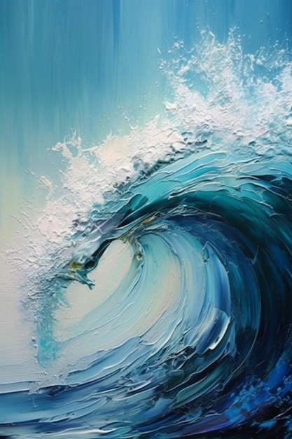 Painting of a wave with the sea in the background