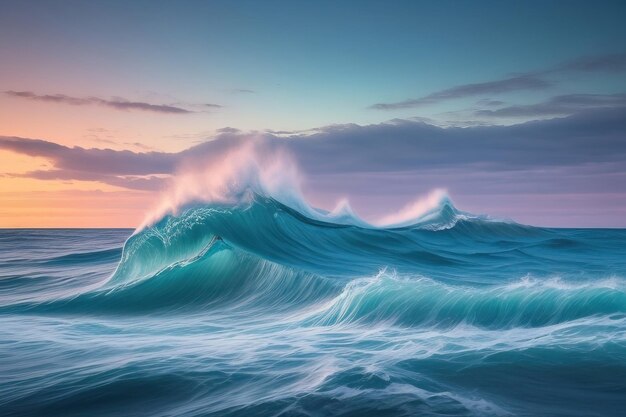 a painting of a wave with the sun setting behind it