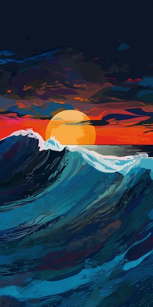 A painting of a wave with the sun setting behind it