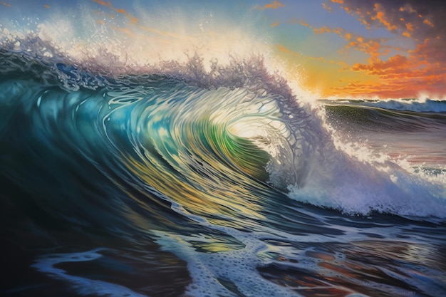 A painting of a wave with the sun setting behind it