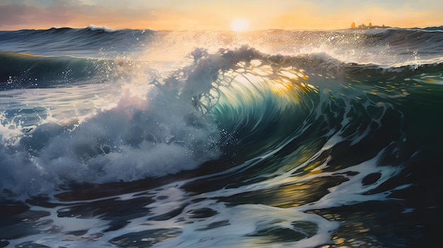 A painting of a wave with the sun setting behind it