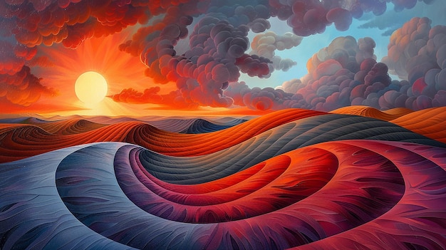 a painting of a wave with the sun setting behind it