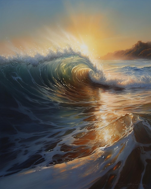 A painting of a wave with the sun setting on it.