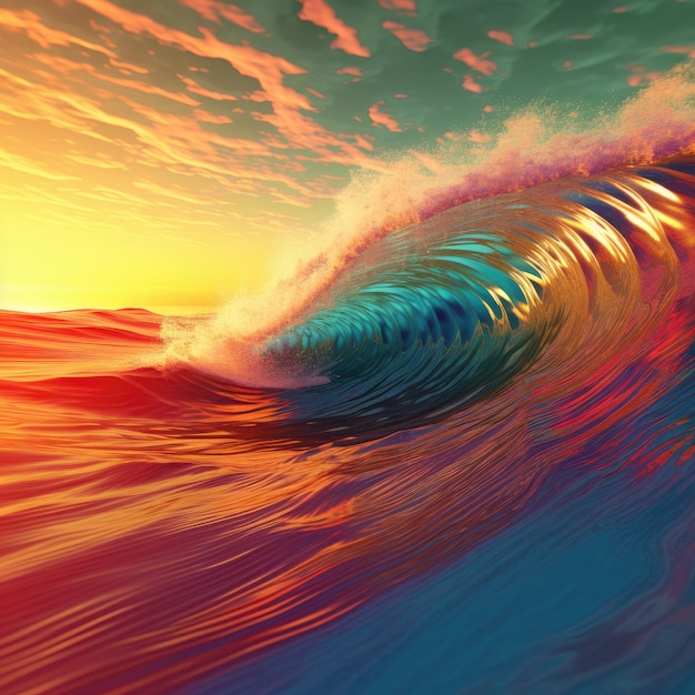 A painting of a wave with the sun setting behind it