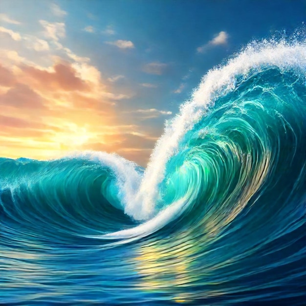 a painting of a wave with the sun setting behind it