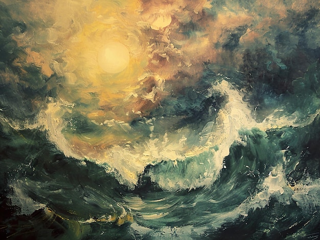 a painting of a wave with the sun shining on it