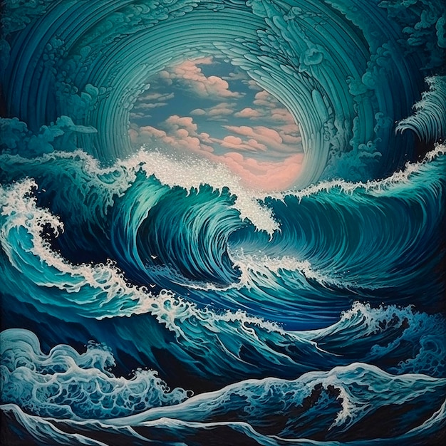 A painting of a wave with the sun shining on it