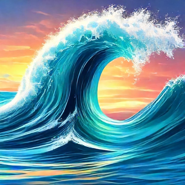 a painting of a wave with the sunset in the background