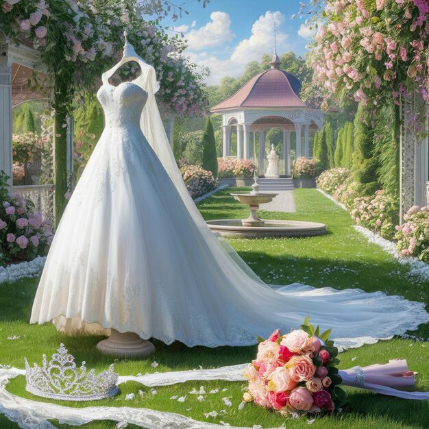 a painting of a wedding dress on a lawn with flowers and a bridal veil