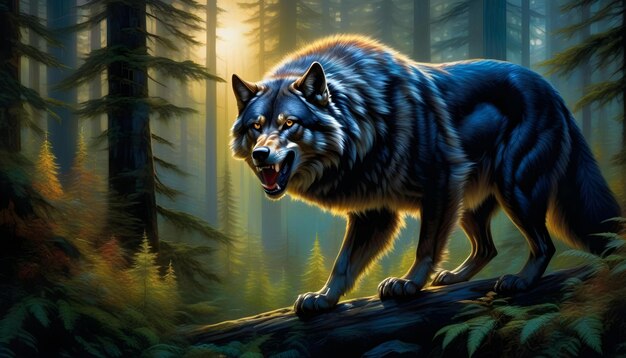 A painting of a werewolf in a forest with amber eyes and silvertipped ears