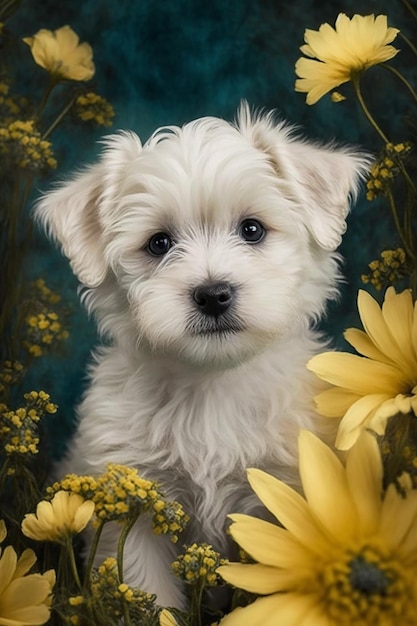 A painting of a westie puppy in flowers