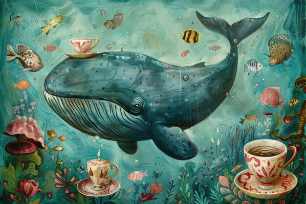 Photo a painting of a whale with a cup of coffee