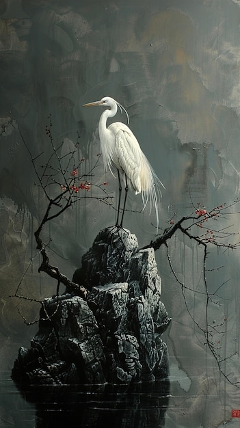 a painting of a white bird on a rock with the words  egret  on it