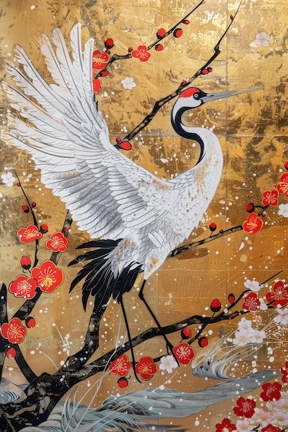 Photo a painting of a white bird with a red flower on it