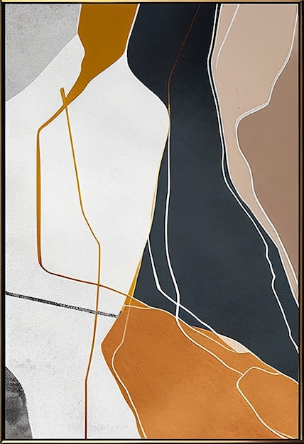 A painting of a white, black and brown abstract with a gold and black background.