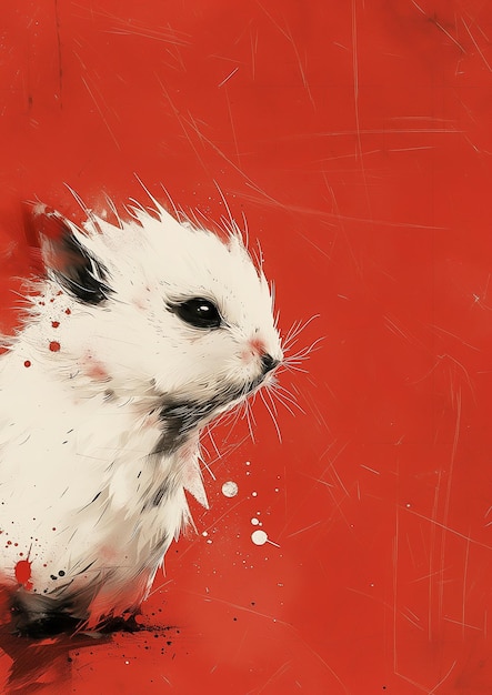 Photo painting of a white and black mouse on a red background