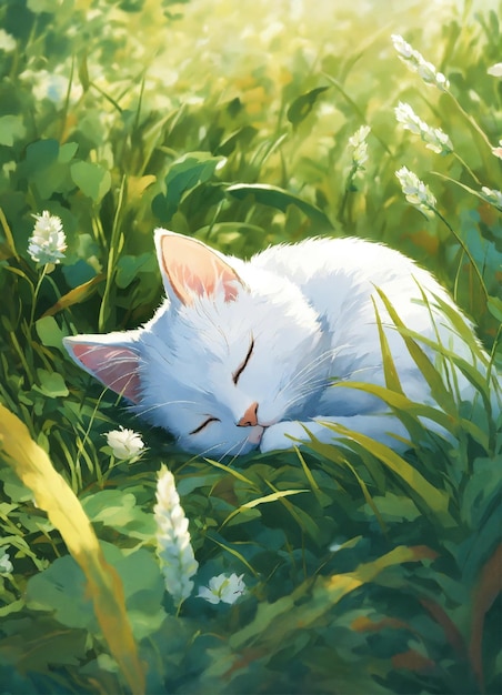 Photo a painting of a white cat sleeping in the grass