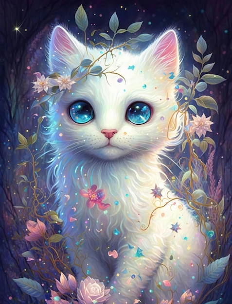 A painting of a white cat with blue eyes.