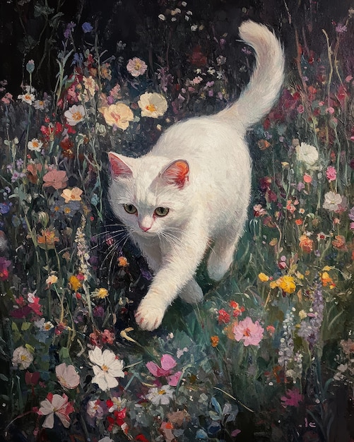 a painting of a white cat with a field of flowers