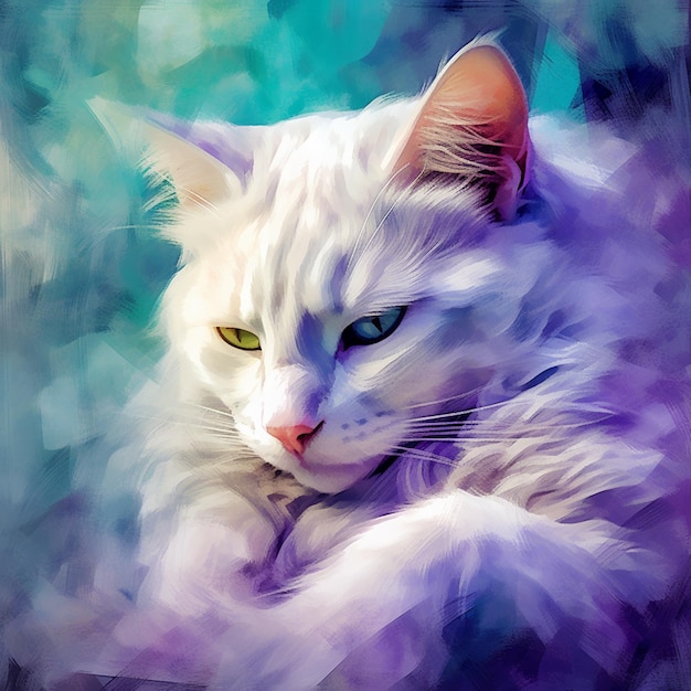 Painting of a white cat with green eyes laying down generative ai