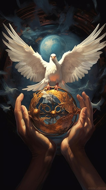 Painting of a white dove with wings outstretched over a golden bowl generative ai