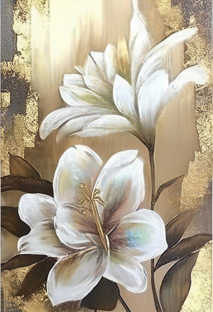 A painting of a white flower with gold foil on it.