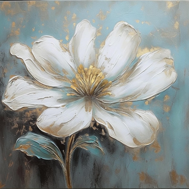 A painting of a white flower with gold leaves.