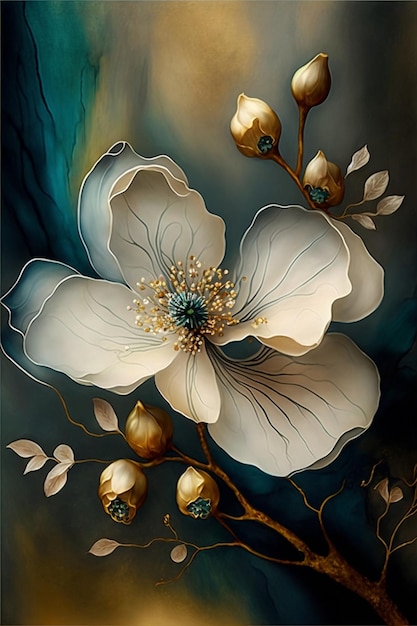 A painting of a white flower with gold leaves