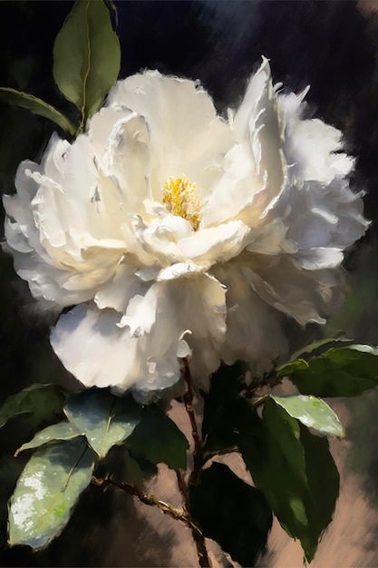 Painting of a white flower with green leaves generative ai