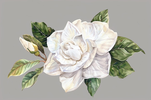 Photo a painting of a white flower with green leaves and a white flower