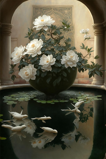 Painting of white flowers and fish in a pond generative ai