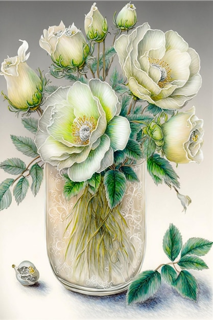 Painting of white flowers in a glass vase generative ai