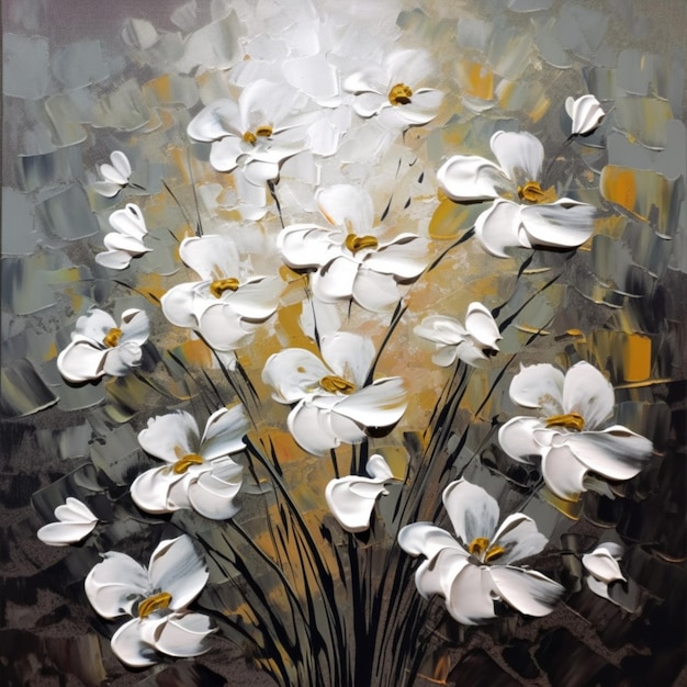 A painting of white flowers in a vase