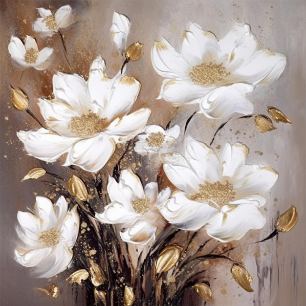 A painting of white flowers in a vase