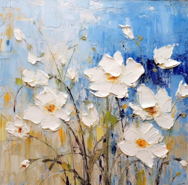 A painting of white flowers with blue background