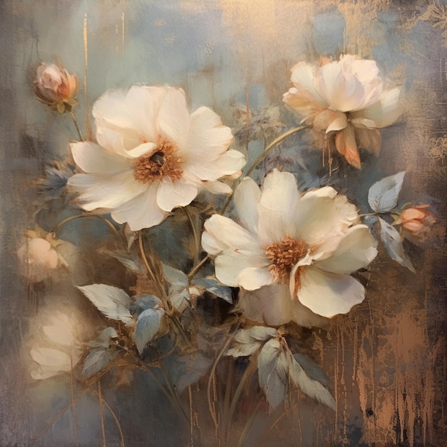 A painting of white flowers with blue and gold paint.