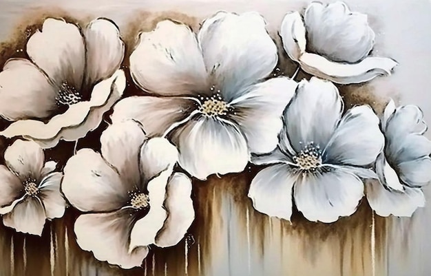 A painting of white flowers with brown and black paint.