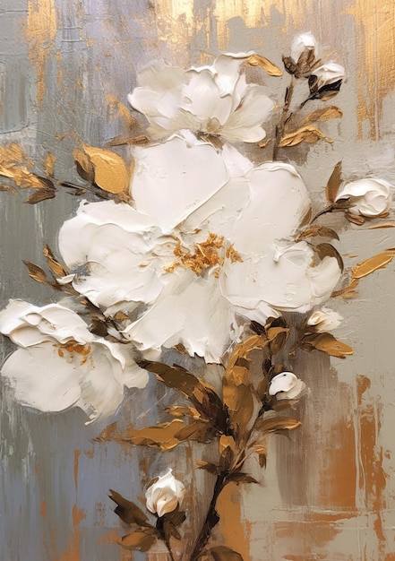 A painting of white flowers with gold leaves