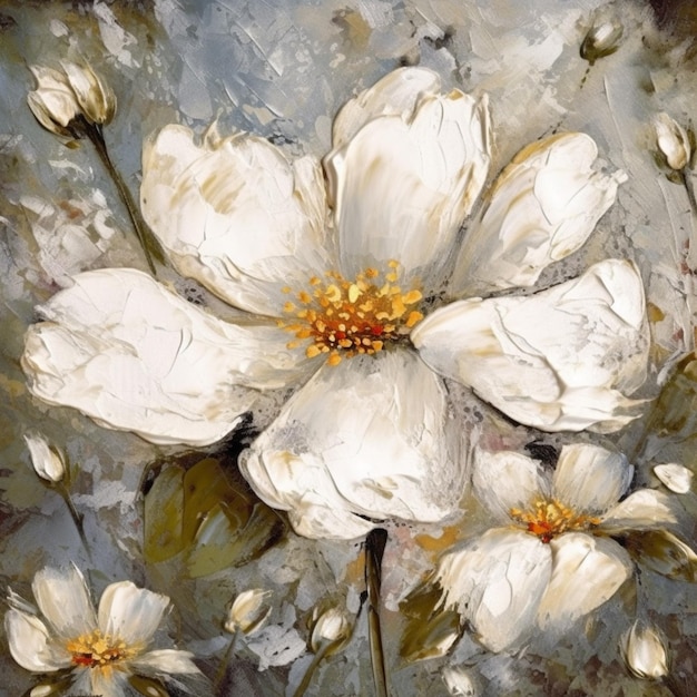 A painting of white flowers with a red center.